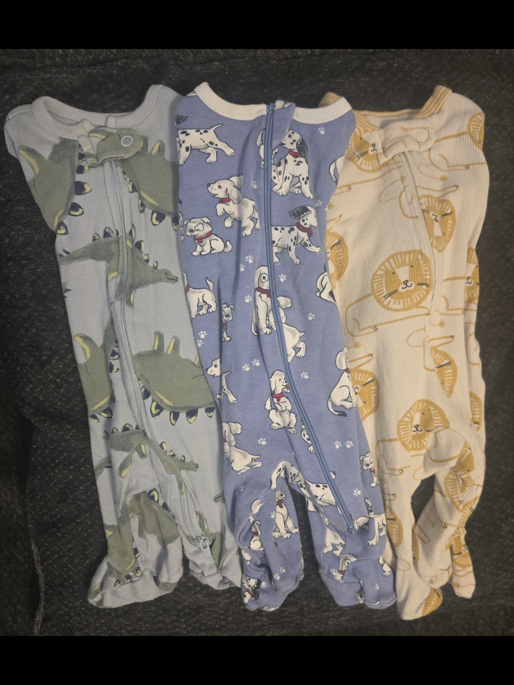 3-Piece Baby Footed Sleepers - Dinosaurs, Dalmatians, Lions - Blue, Gray, Cream